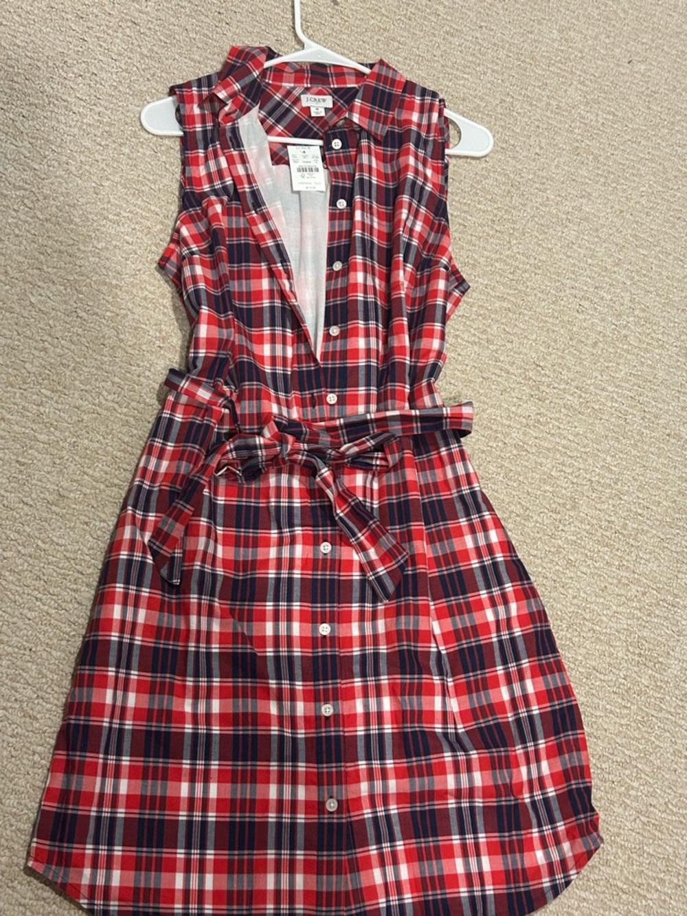 J. Crew Red and Navy Plaid Sleeveless Shirt Dress